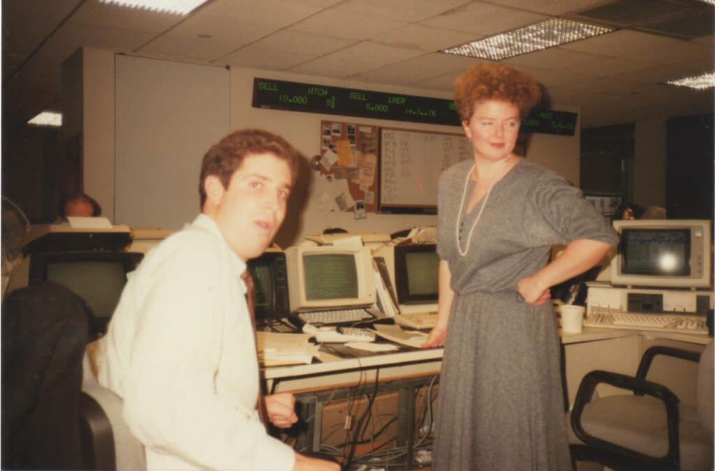 Doug Atkin and Sheila Callahan at the Instinet office in the 1980s (Photo courtesy of Doug Atkin)
